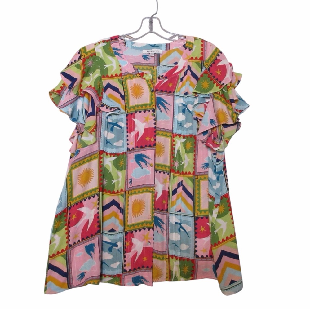 Rose + Olive 1x Patchwork Print Flutter Sleeve Bu… - image 8